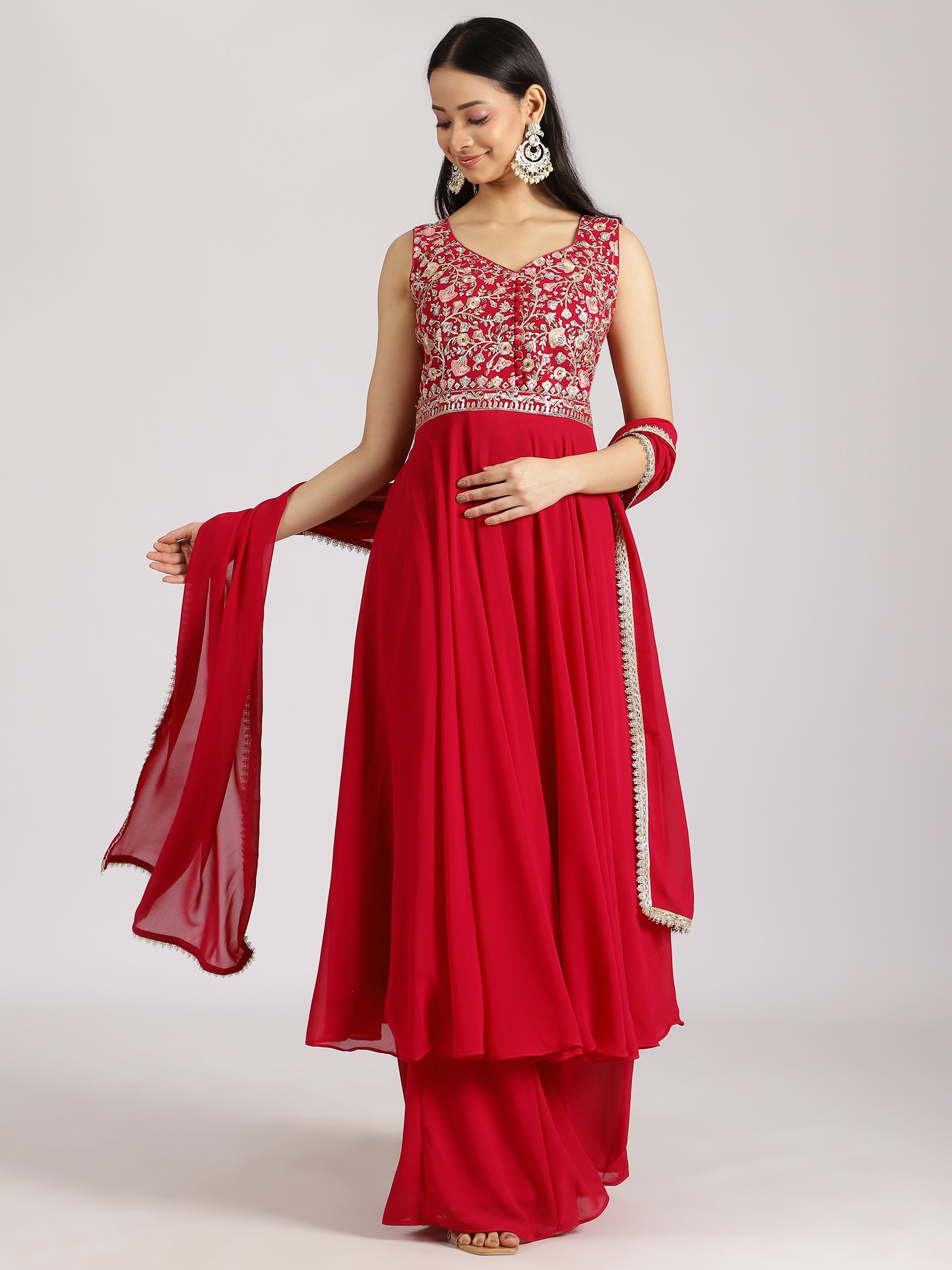 Red Sleeveless Embroidered Peplum Kurta Set with Palazzo and Dupatta