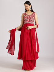 Red Sleeveless Embroidered Peplum Kurta Set with Palazzo and Dupatta
