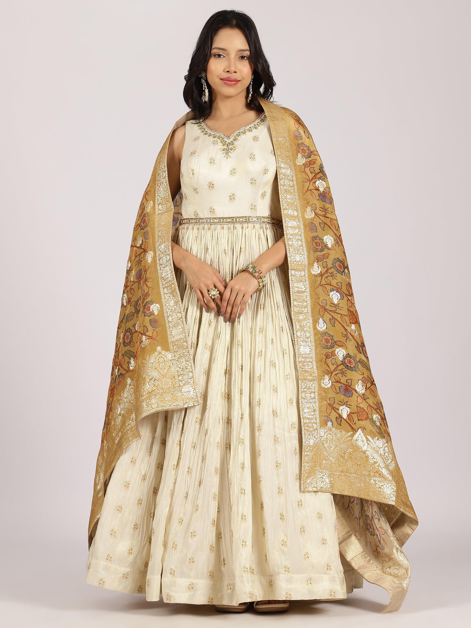 Ivory Gold Anarkali Gown with Banarasi Dupatta & Embroidered Detailing