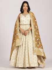 Ivory Gold Anarkali Gown with Banarasi Dupatta & Embroidered Detailing