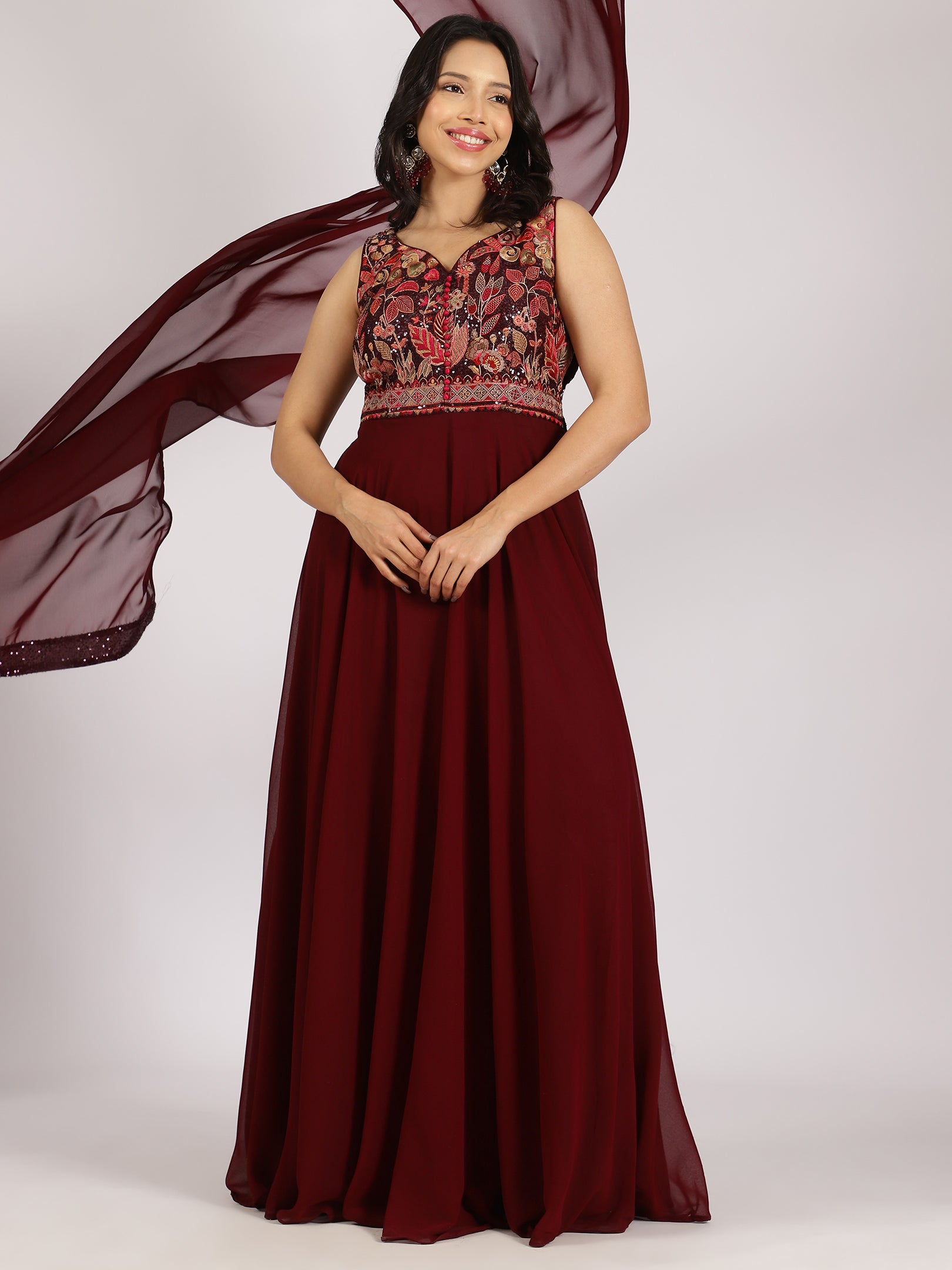 Maroon Embroidered Anarkali Dress with Churidar and Dupatta