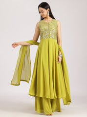 Lime Green Mirror Work Georgette Palazzo Suit Set