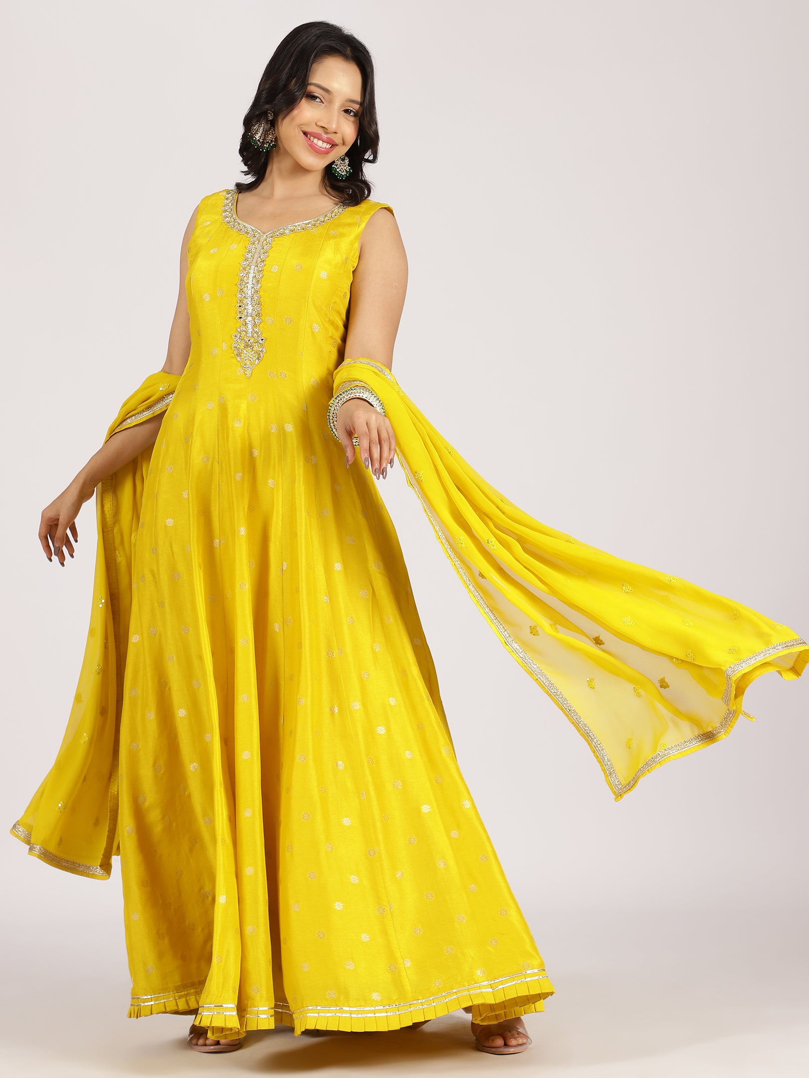 Sunshine Yellow Anarkali Gown with Mirror Work & Zari Dupatta