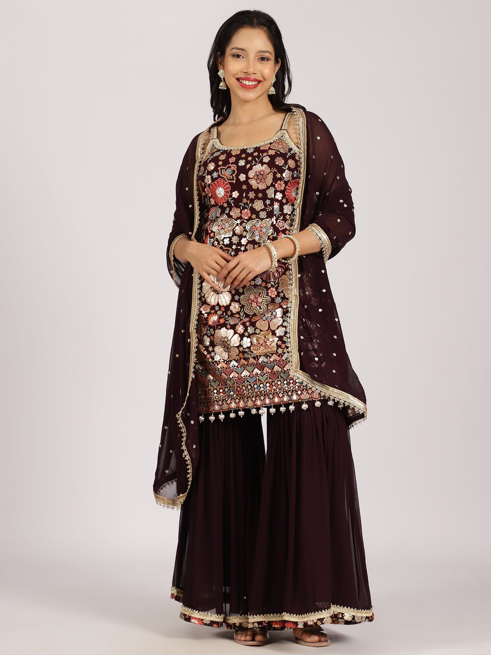 Maroon Heavily Embroidered Georgette Sharara Suit Set