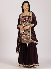 Maroon Heavily Embroidered Georgette Sharara Suit Set