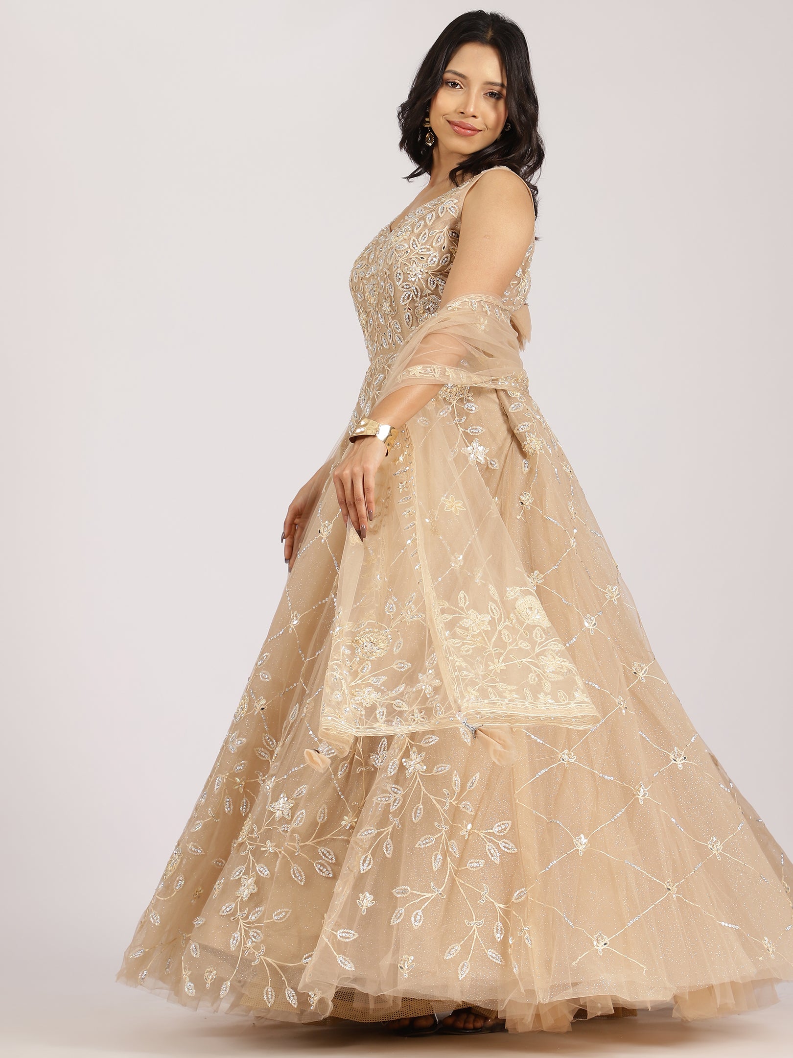 Ethereal Beige Embroidered Net Lehenga Set