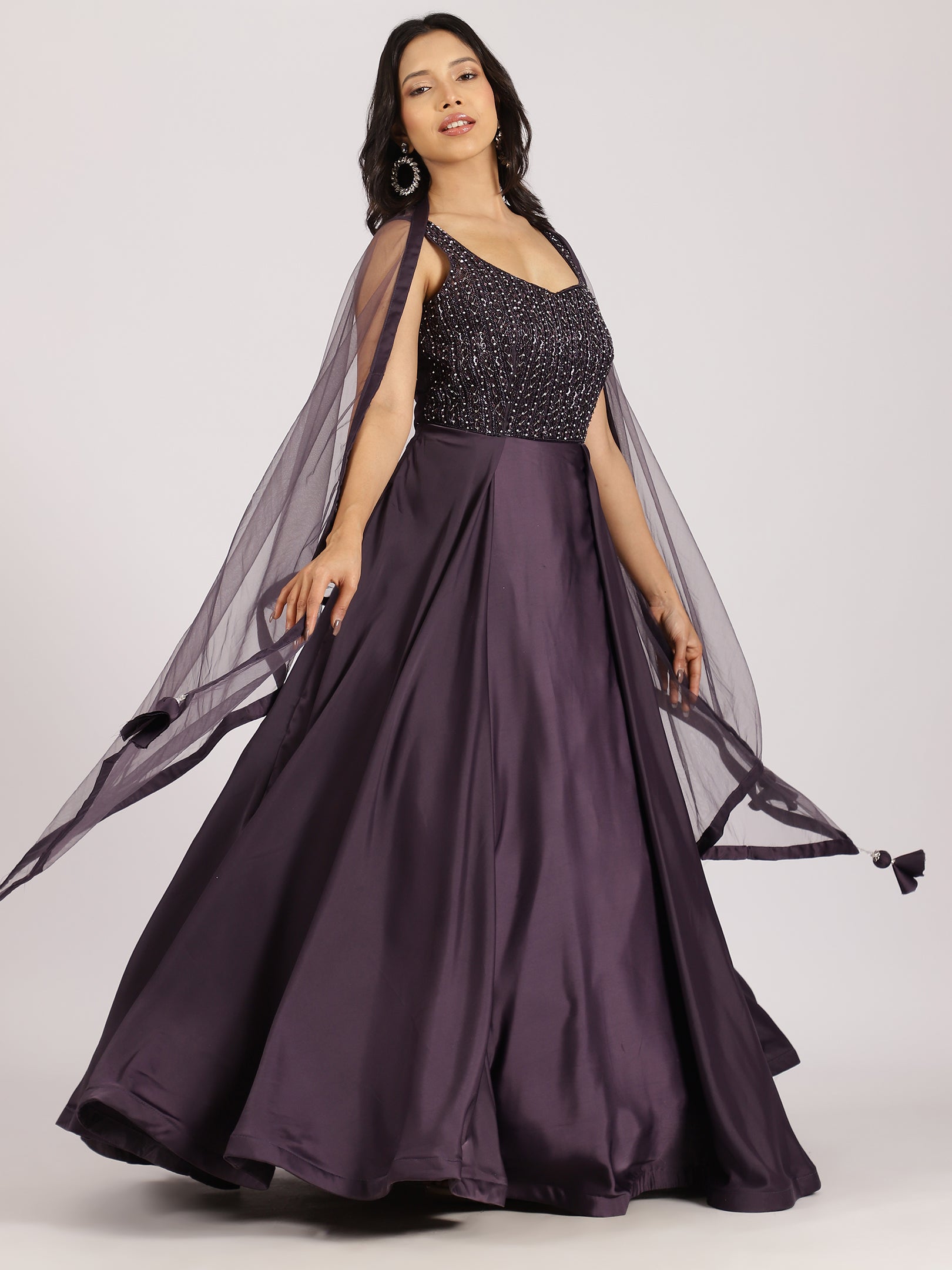 Plum Purple Embellished Gown with Dupatta