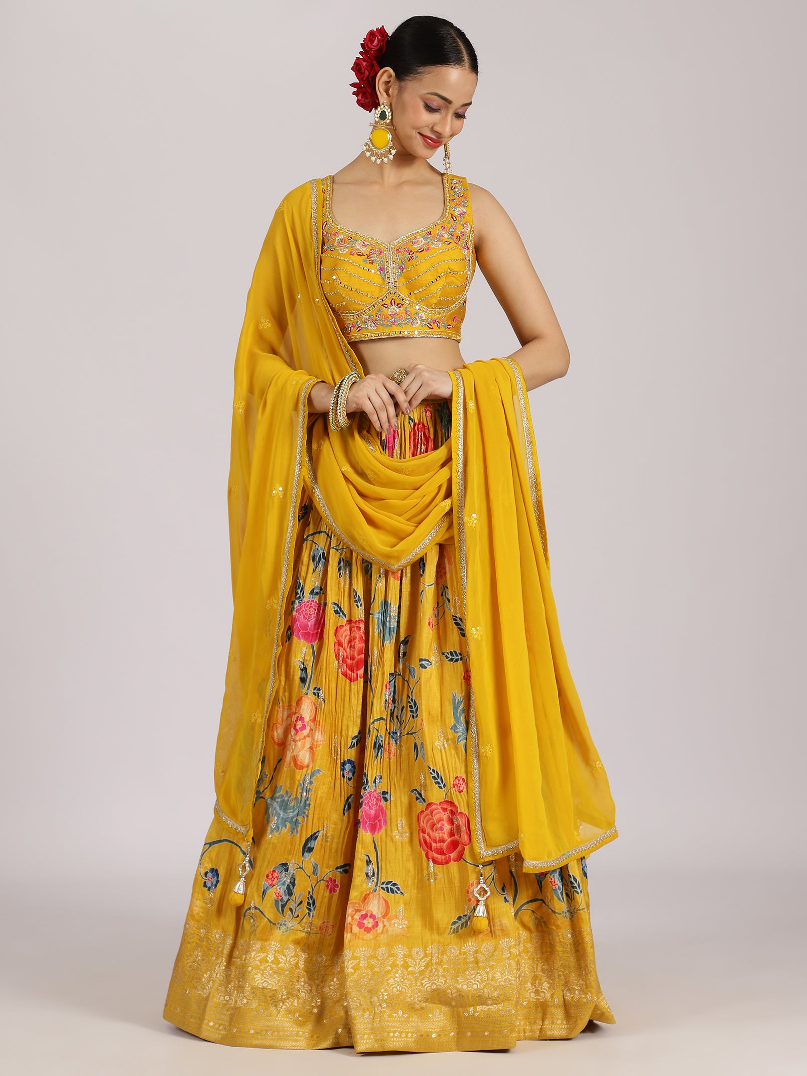 Mustard Yellow Floral Embroidered Lehenga Set