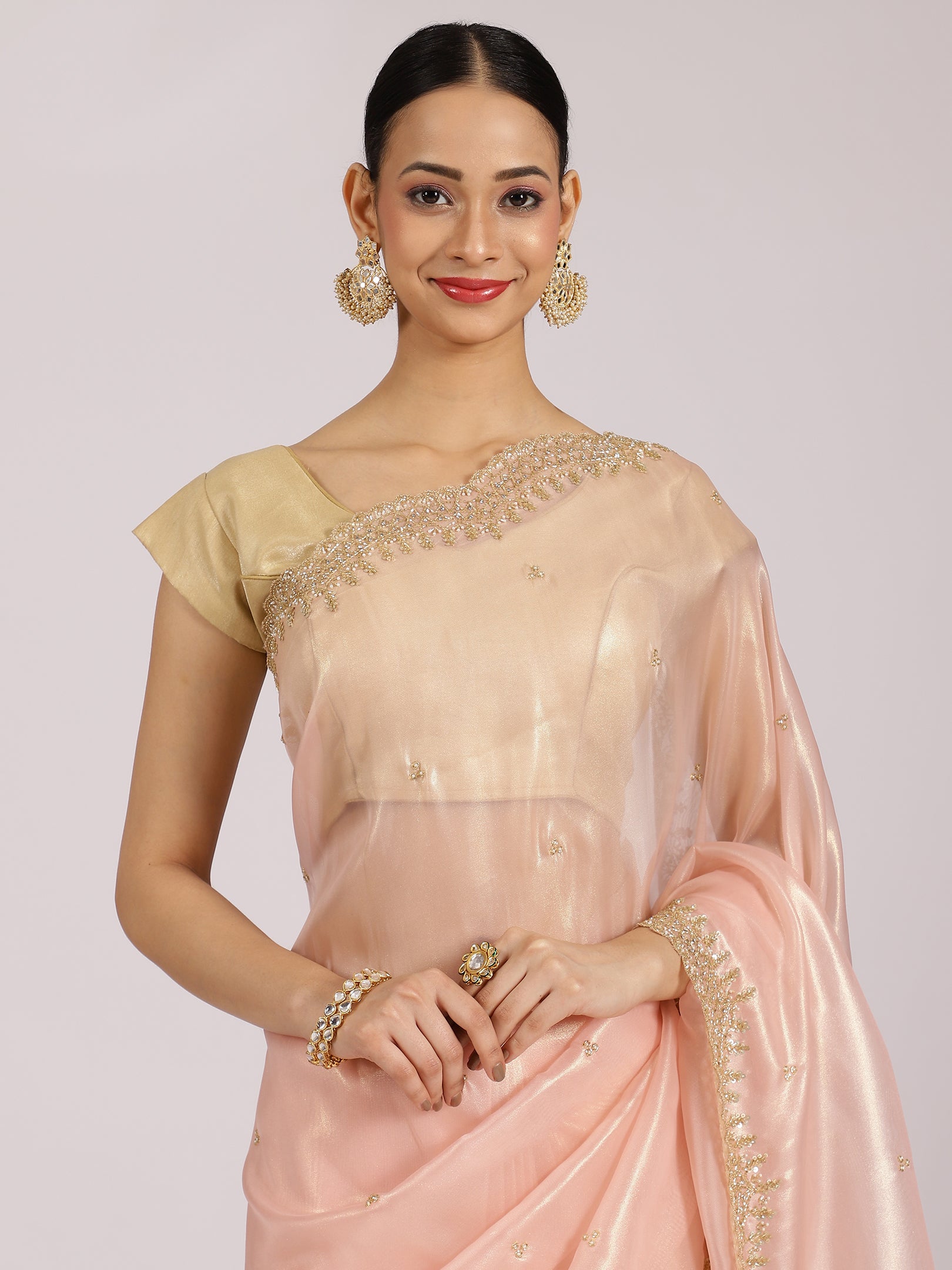 Pastel Pink Organza Embellished Saree