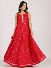 Radiant Red Anarkali Gown with Mirror Work and Zari Dupatta