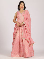 Blush Pink Anarkali Gown with Foil Work & Embellished Dupatta