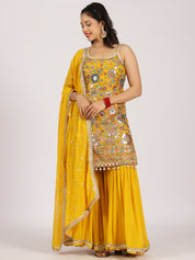 Vibrant Yellow Mirror Work Sharara Set