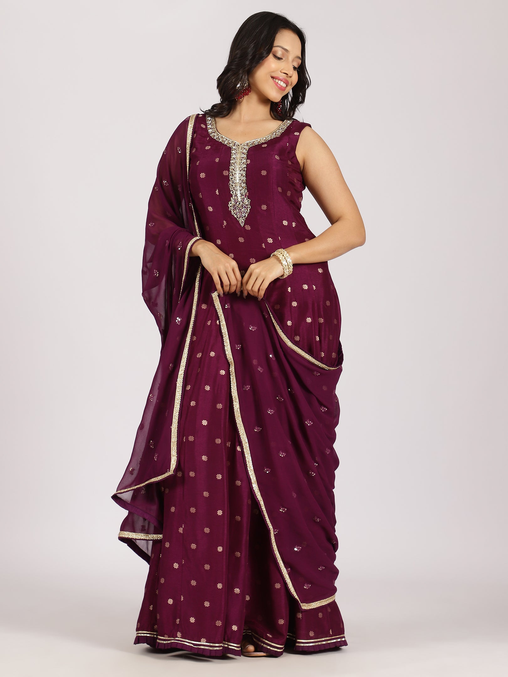 Regal Wine Anarkali Gown with Mirror Work and Zari Dupatta