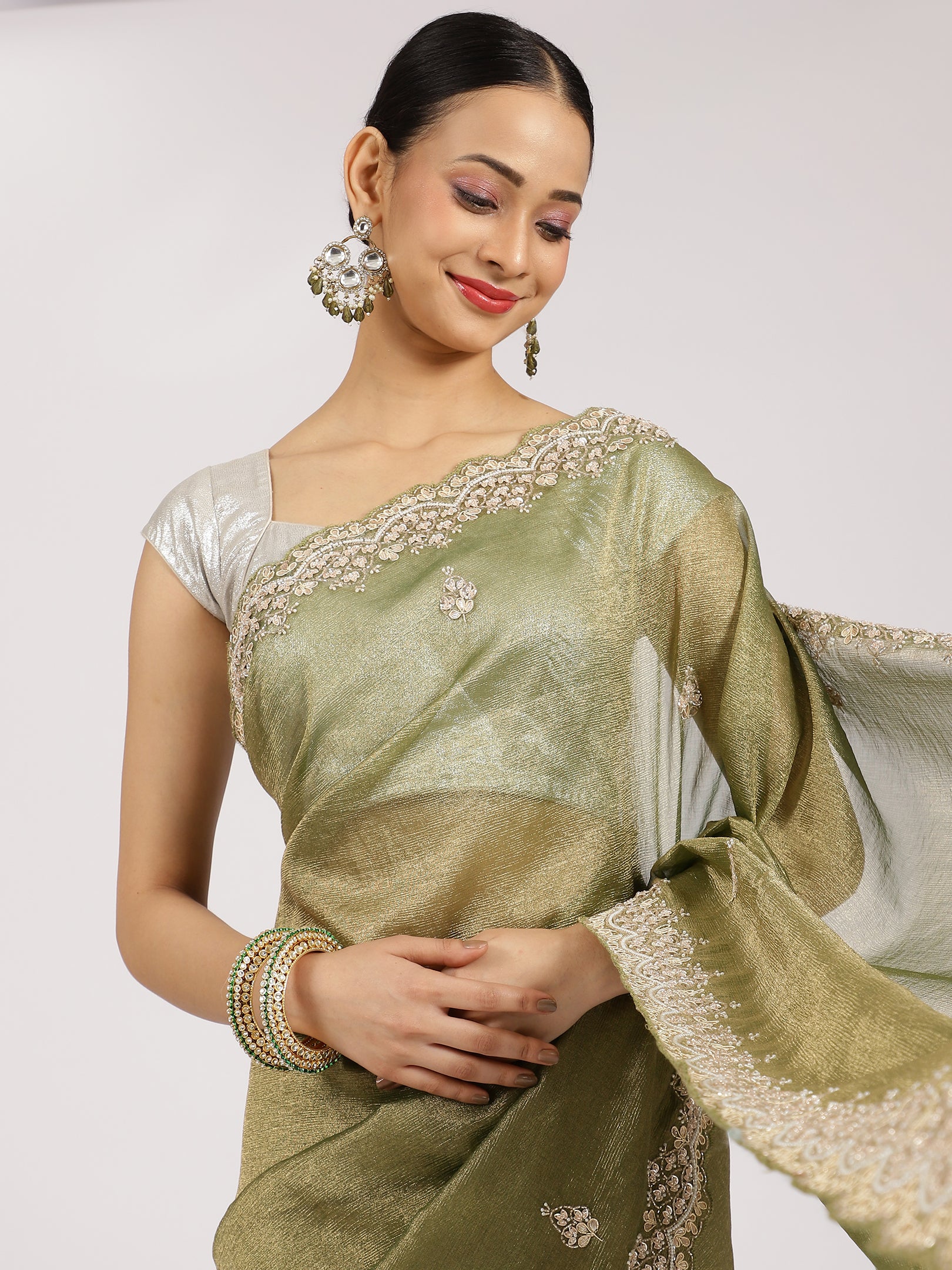 Olive Green Zari Embroidered Silk Saree