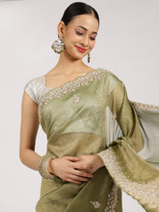 Olive Green Zari Embroidered Silk Saree