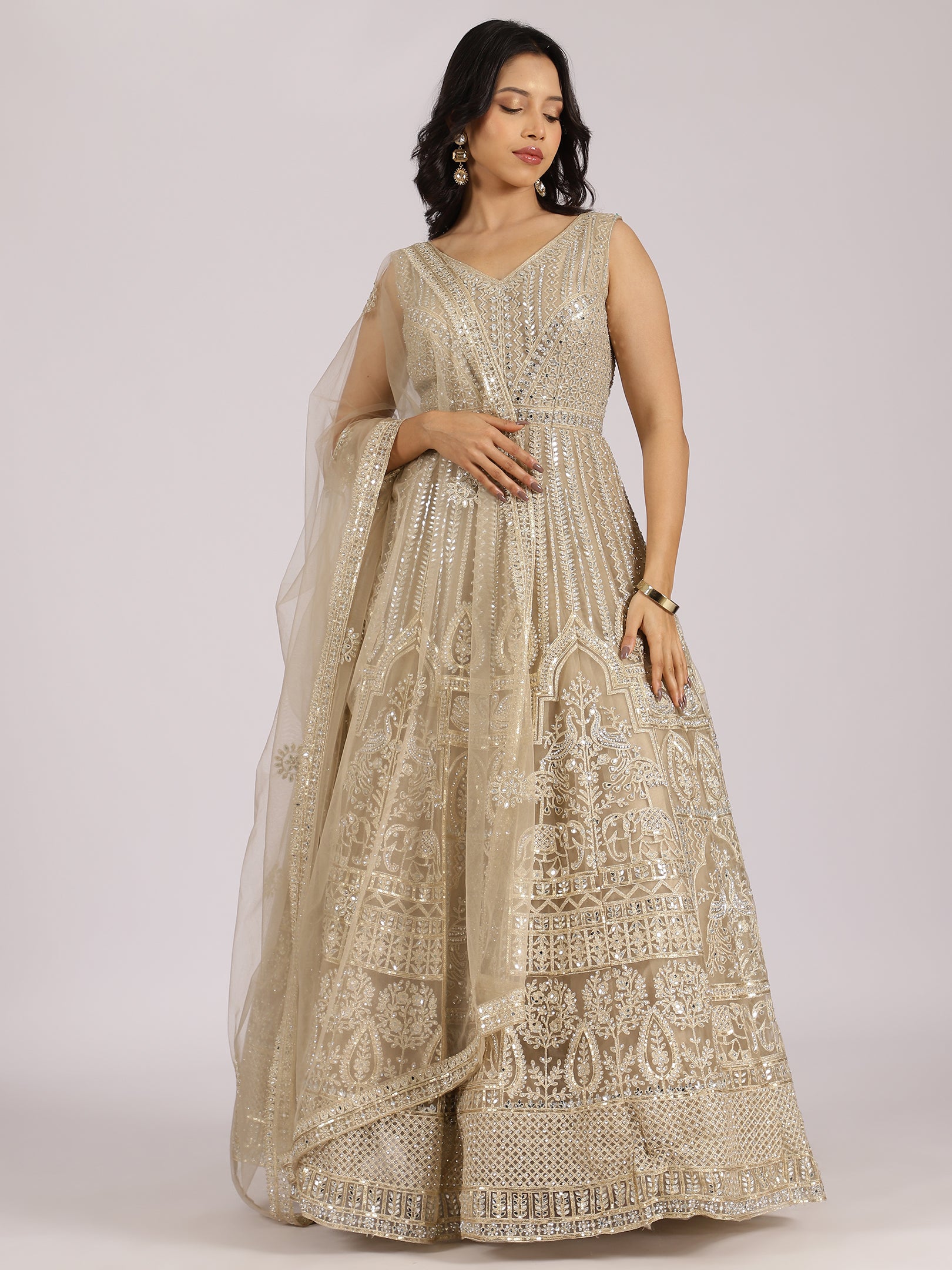 Champagne Gold Embroidered Silk Anarkali Gown