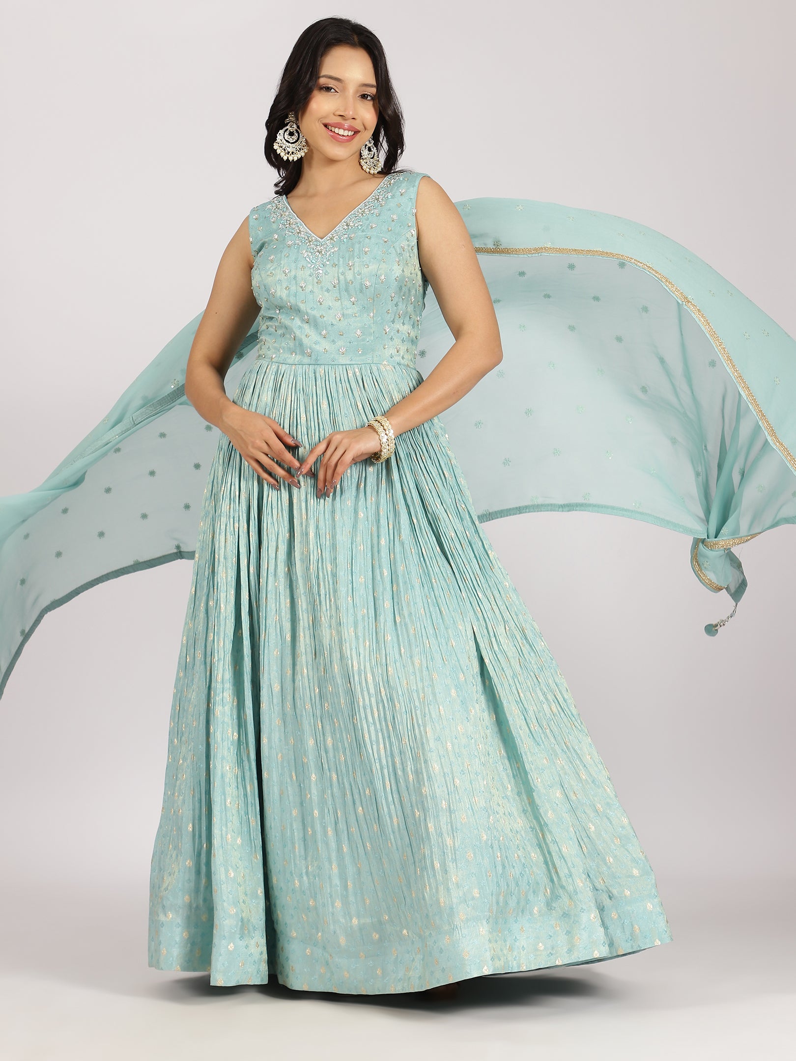 Sky Blue Embellished Anarkali Lehenga Set