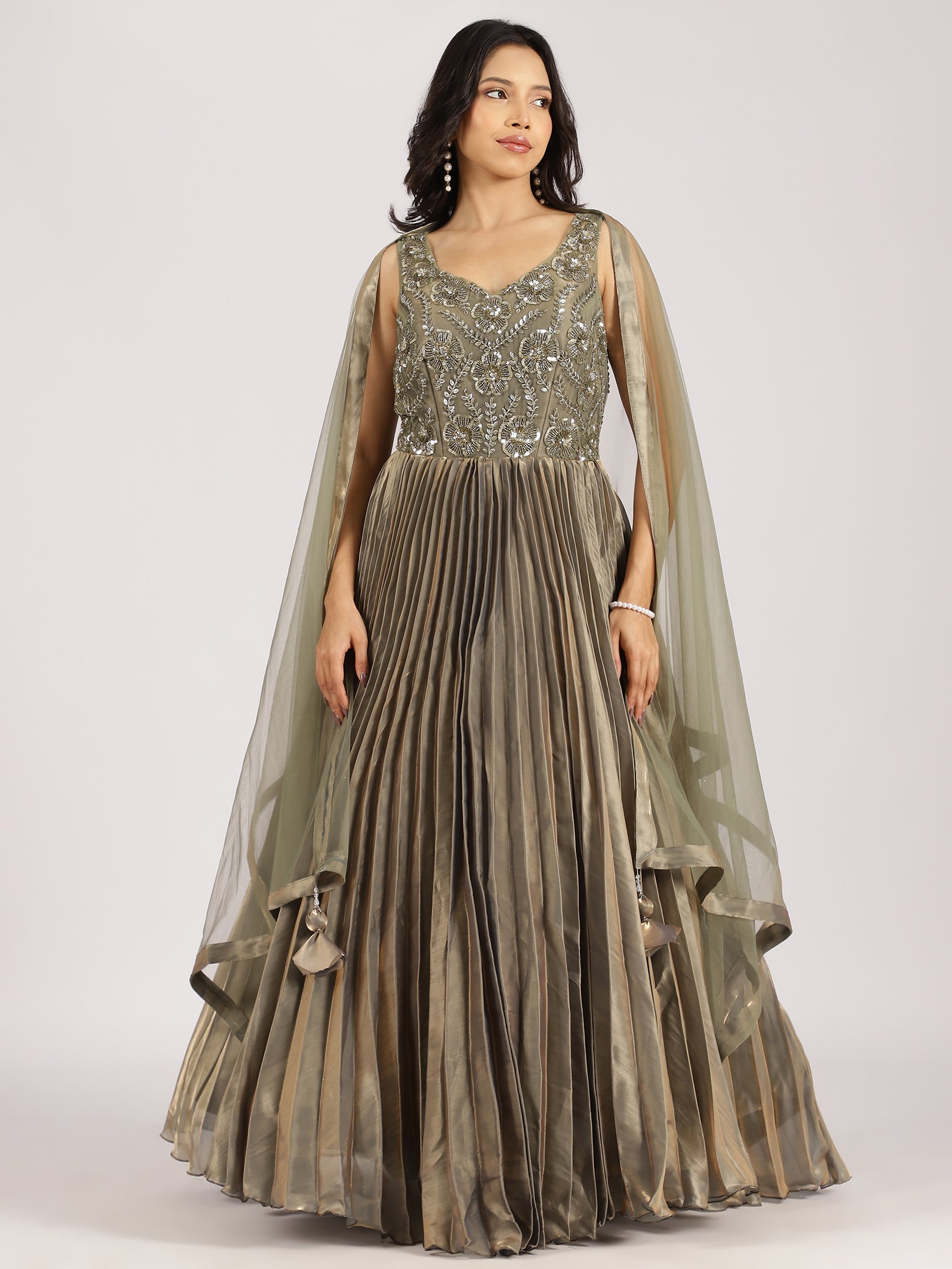 Elegant Olive Green Embroidered Pleated Lehenga Set
