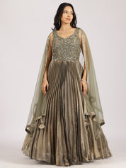 Elegant Olive Green Embroidered Pleated Lehenga Set