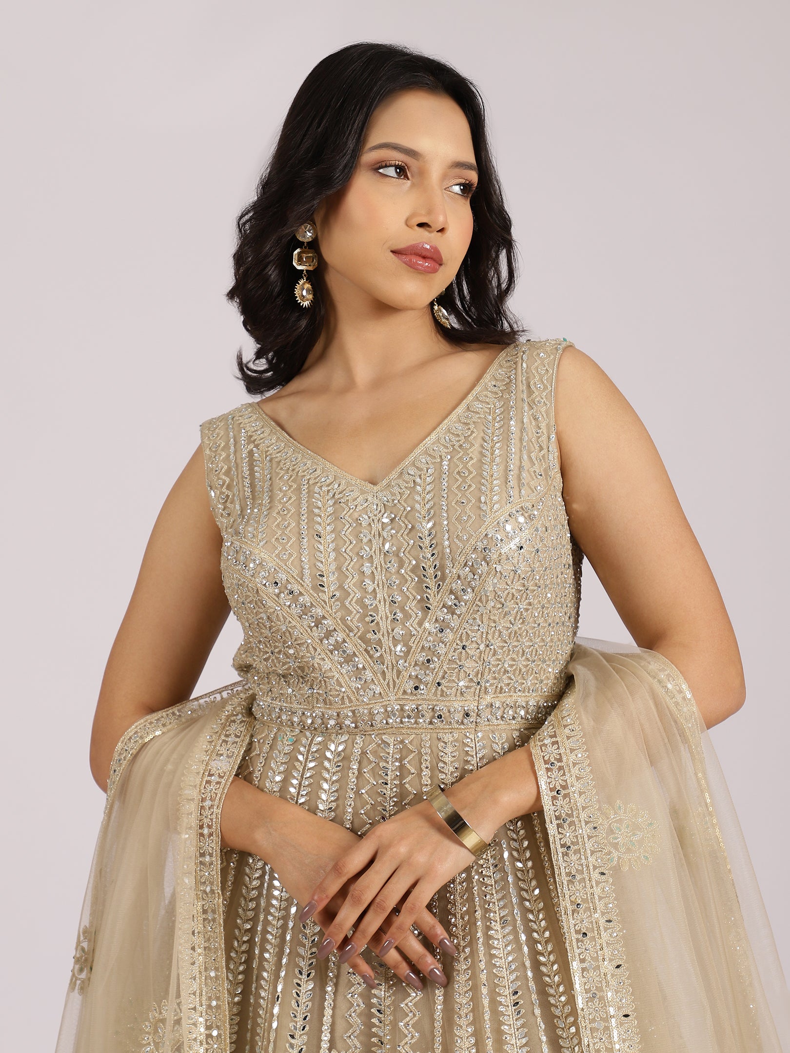 Champagne Gold Embroidered Silk Anarkali Gown