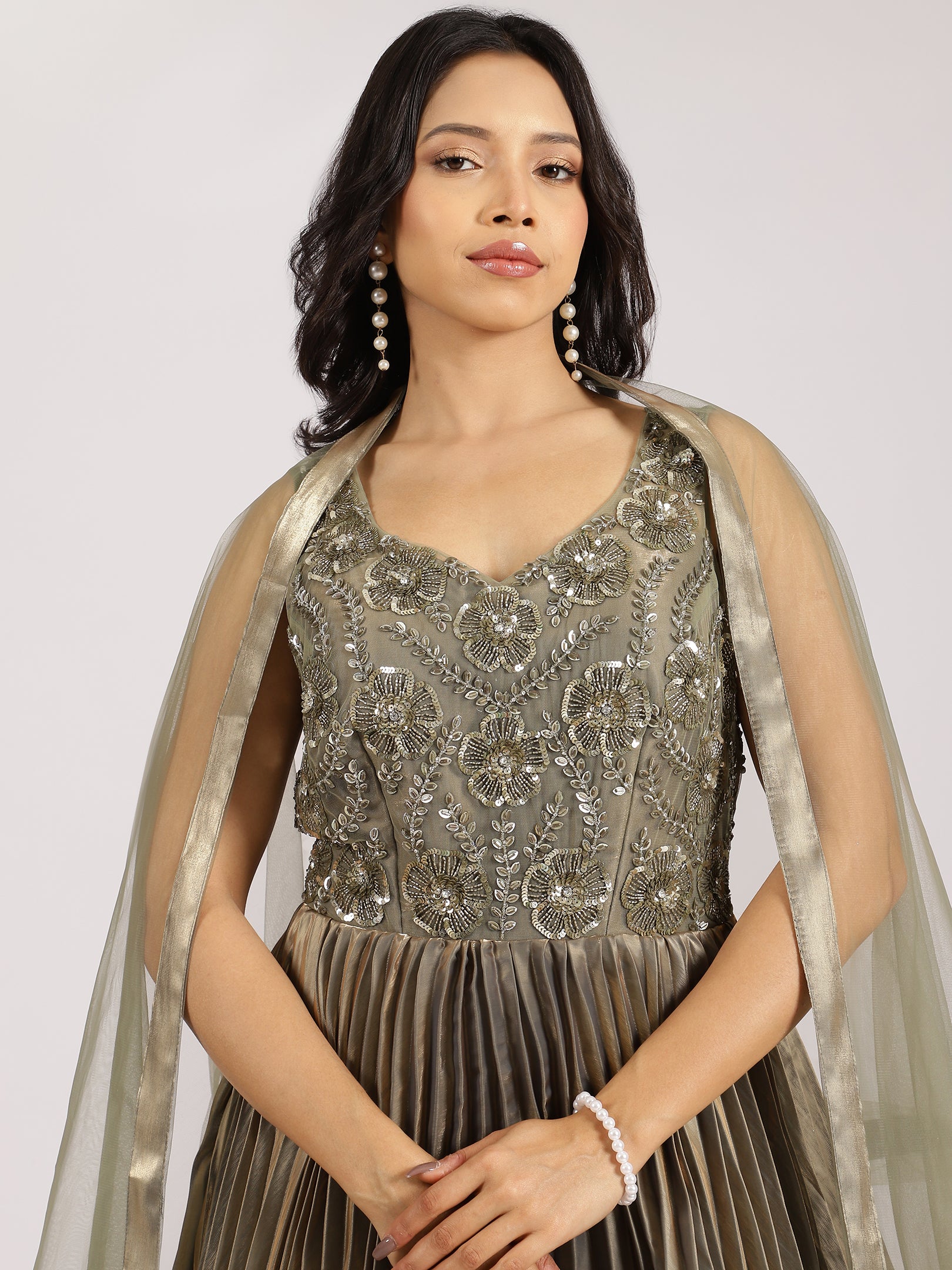 Elegant Olive Green Embroidered Pleated Lehenga Set