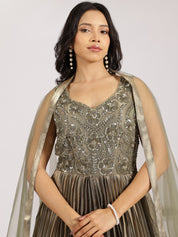 Elegant Olive Green Embroidered Pleated Lehenga Set