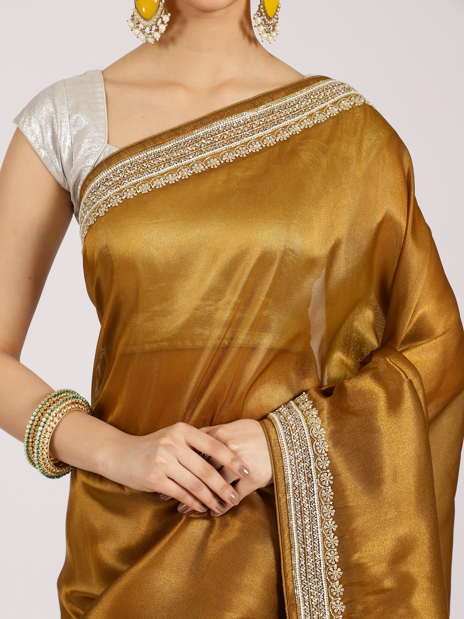 Mustard Silk Saree with Silver Sequin Border