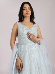 Elegant Ice-Blue Embroidered Gown