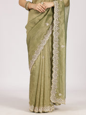 Olive Green Zari Embroidered Silk Saree