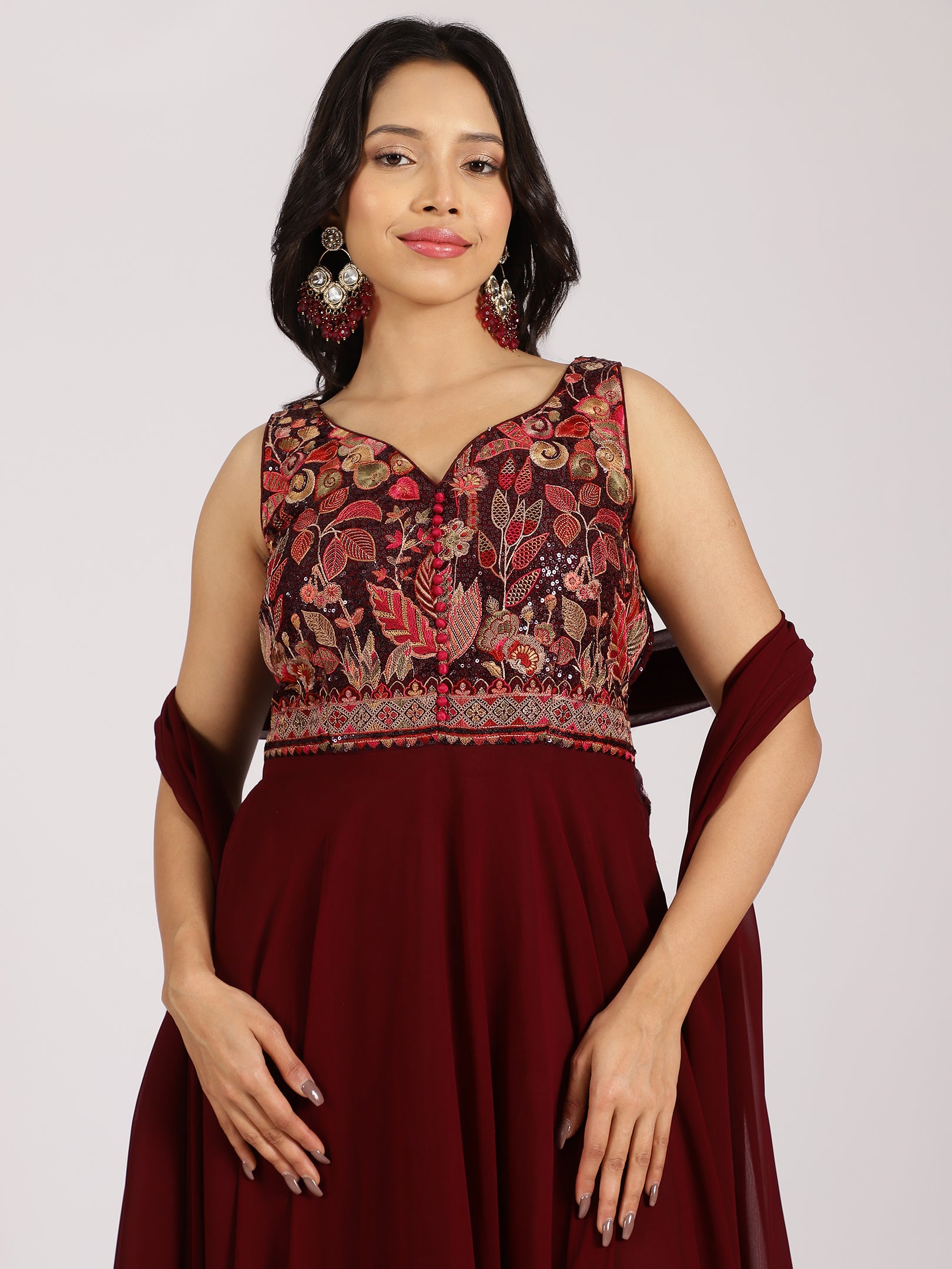 Maroon Embroidered Anarkali Dress with Churidar and Dupatta