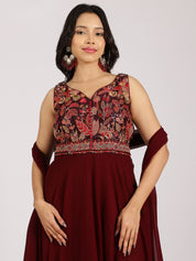 Maroon Embroidered Anarkali Dress with Churidar and Dupatta