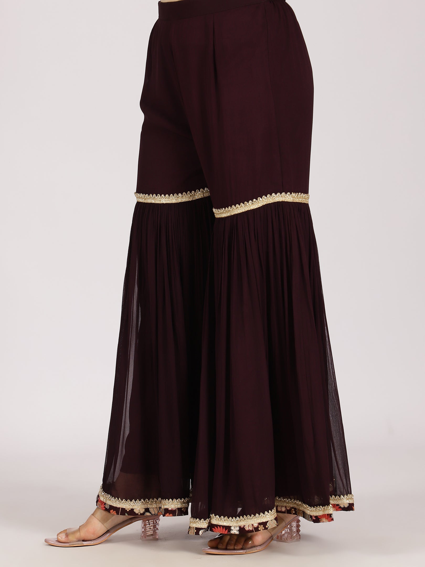 Maroon Heavily Embroidered Georgette Sharara Suit Set
