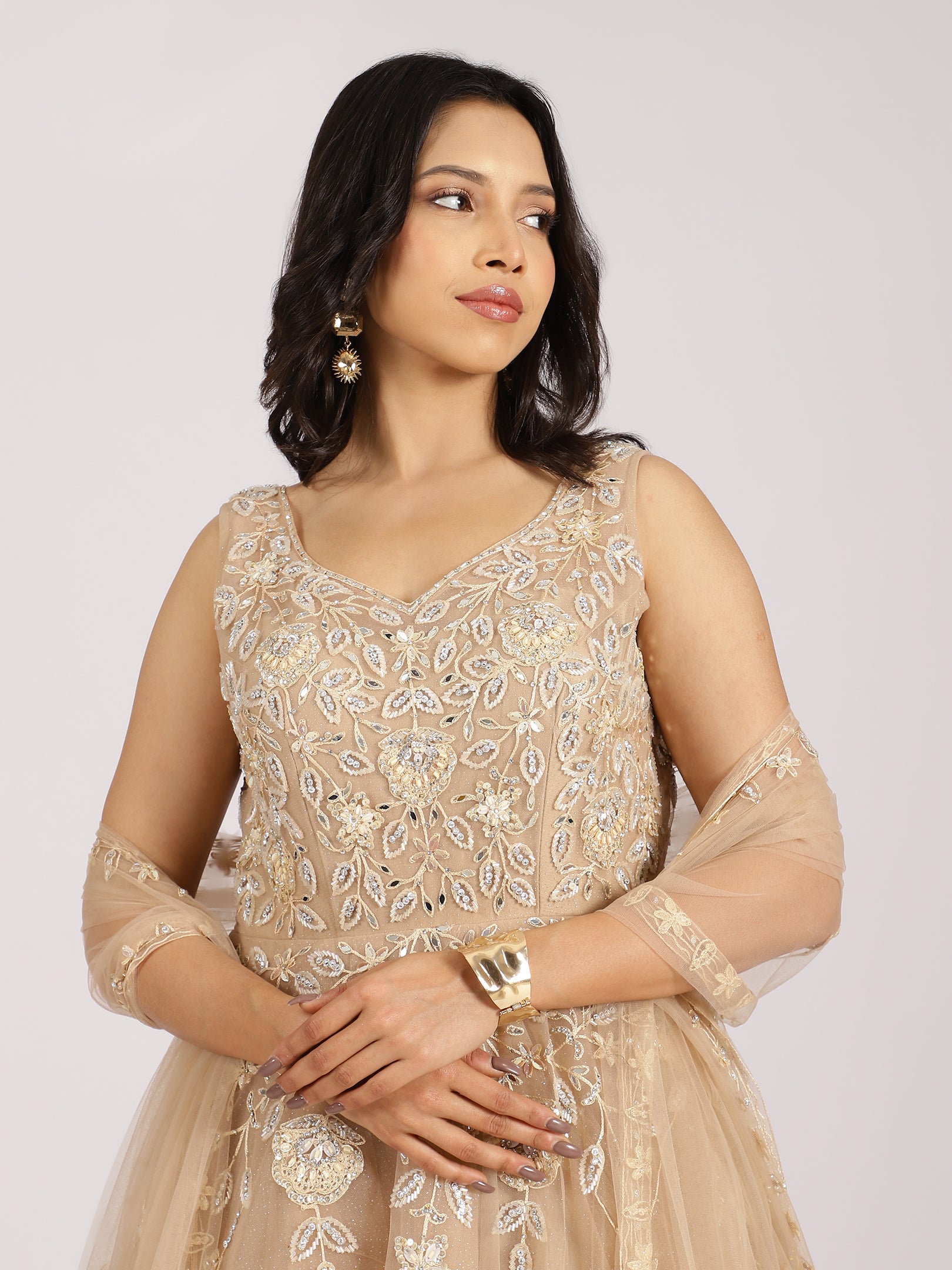 Ethereal Beige Embroidered Net Lehenga Set
