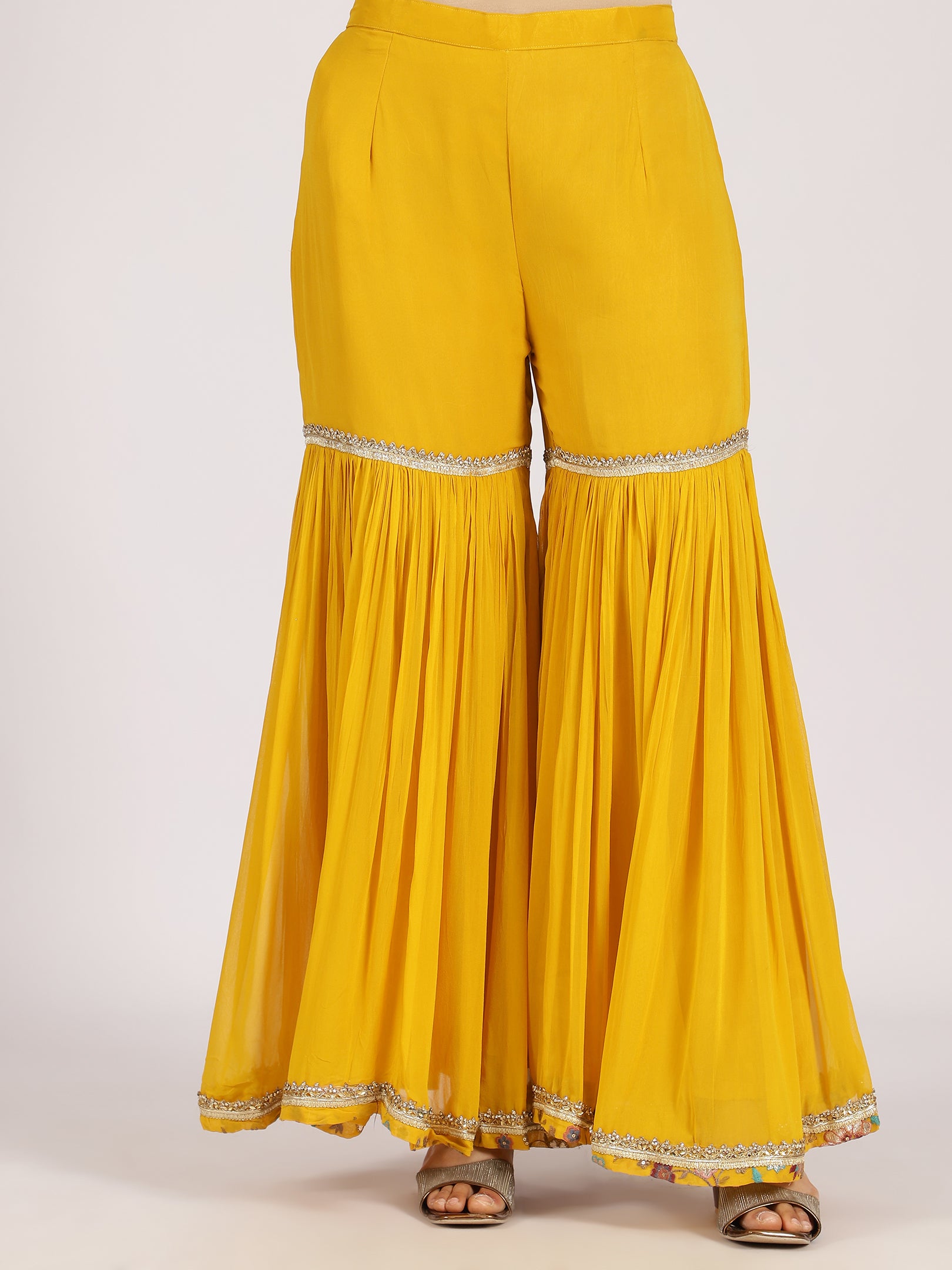 Vibrant Yellow Mirror Work Sharara Set