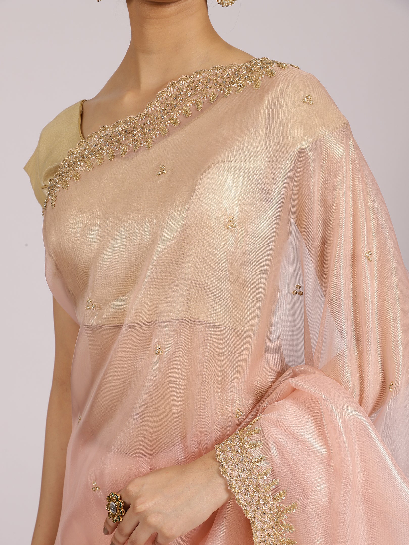 Pastel Pink Organza Embellished Saree