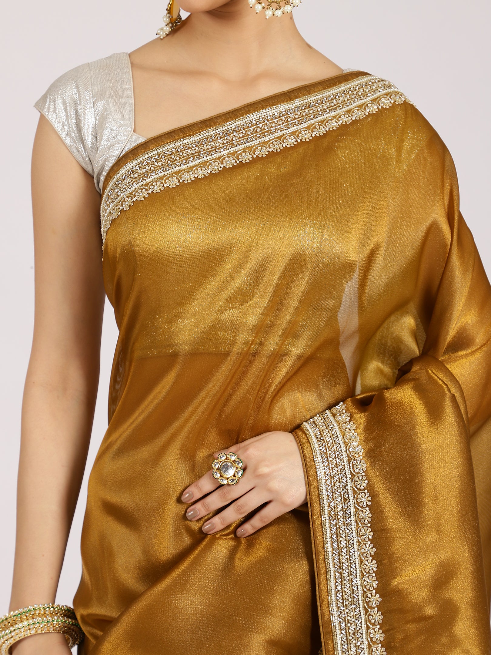 Mustard Silk Saree with Silver Sequin Border