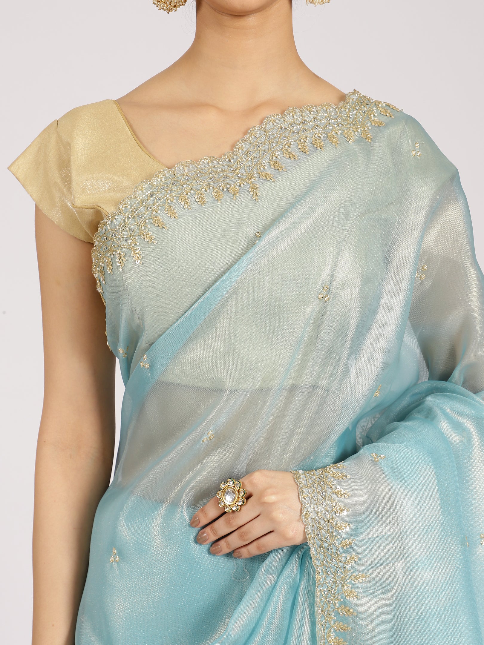 Sky Blue Organza Embellished Saree