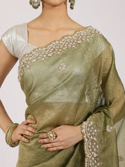 Olive Green Zari Embroidered Silk Saree
