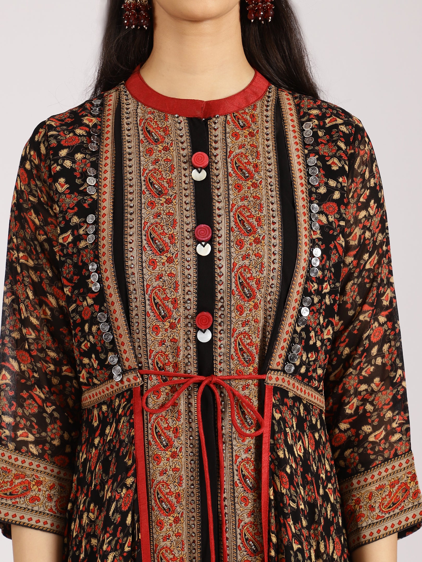 Traditional Black and Red Floral Anarkali Kurta Set
