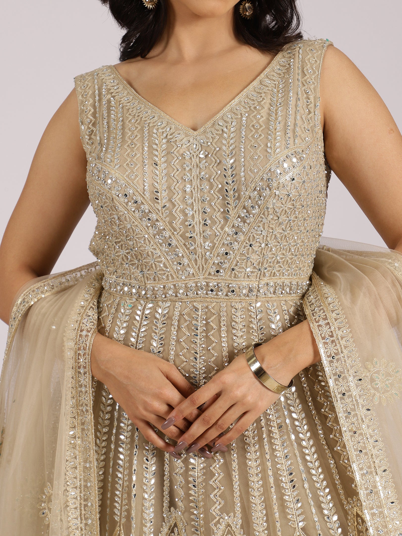 Champagne Gold Embroidered Silk Anarkali Gown