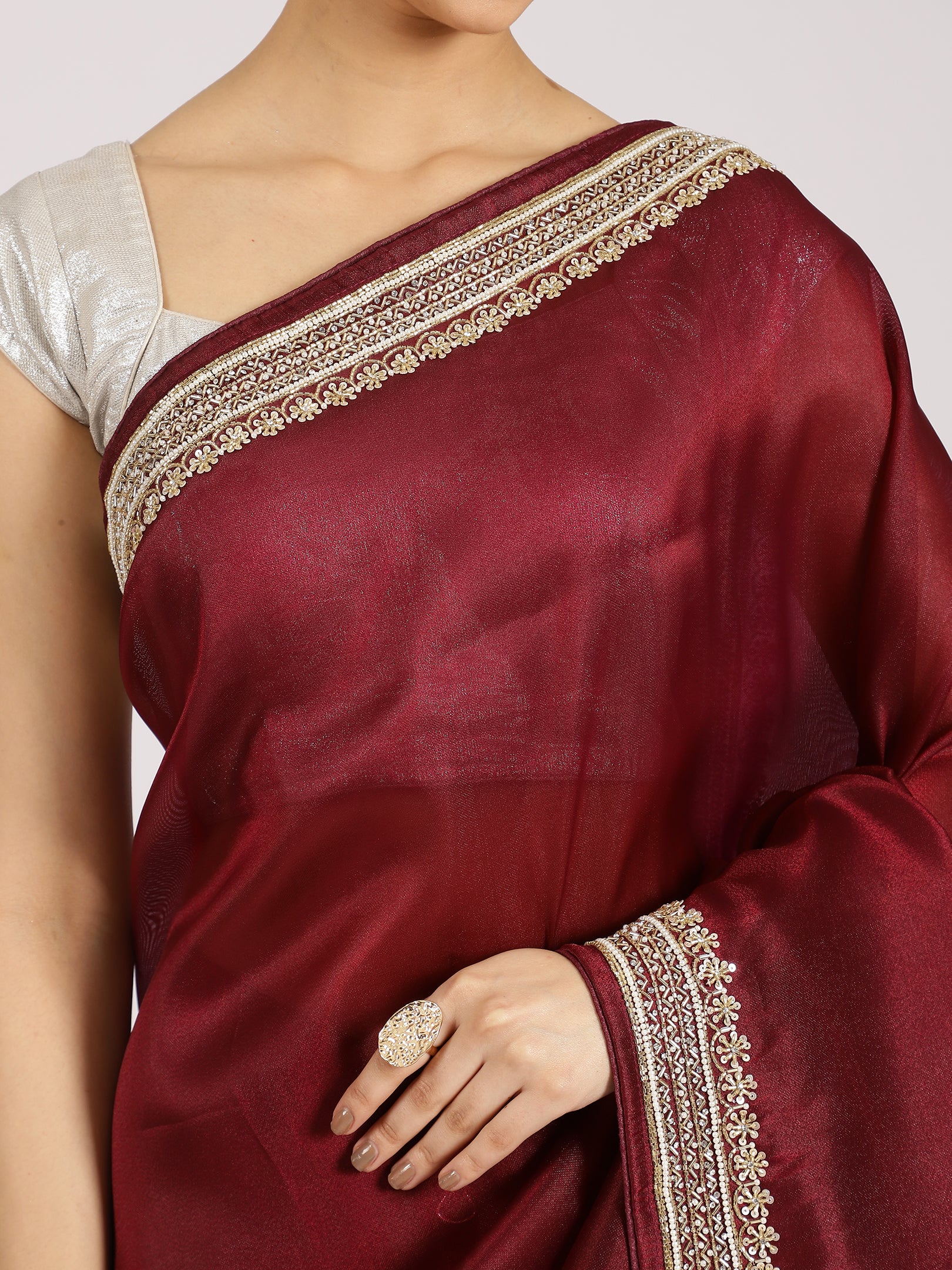 Maroon Silk Embellished Designer Saree