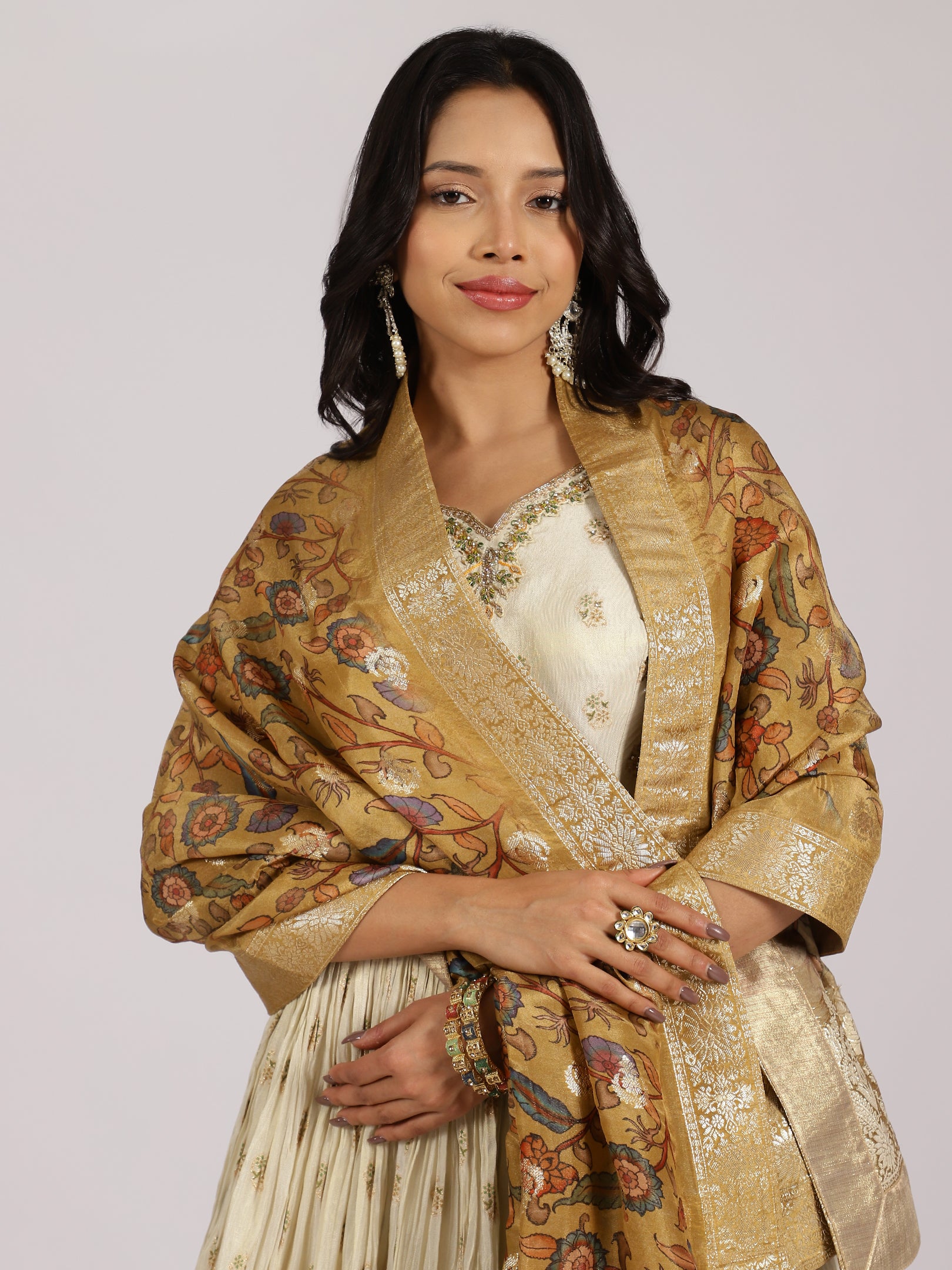 Ivory Gold Anarkali Gown with Banarasi Dupatta & Embroidered Detailing