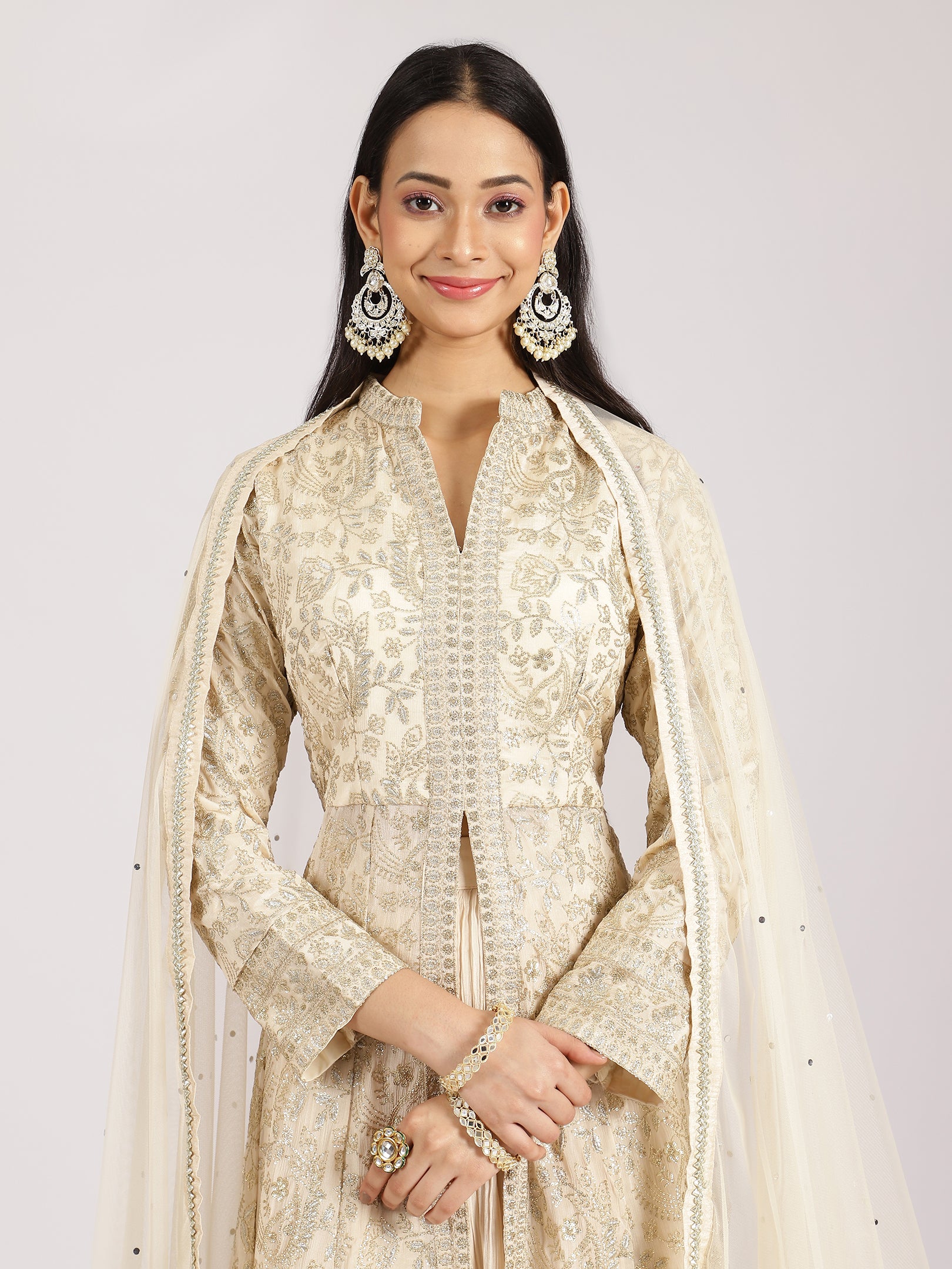 Ivory Gold Embroidered Anarkali Gown with High Neck
