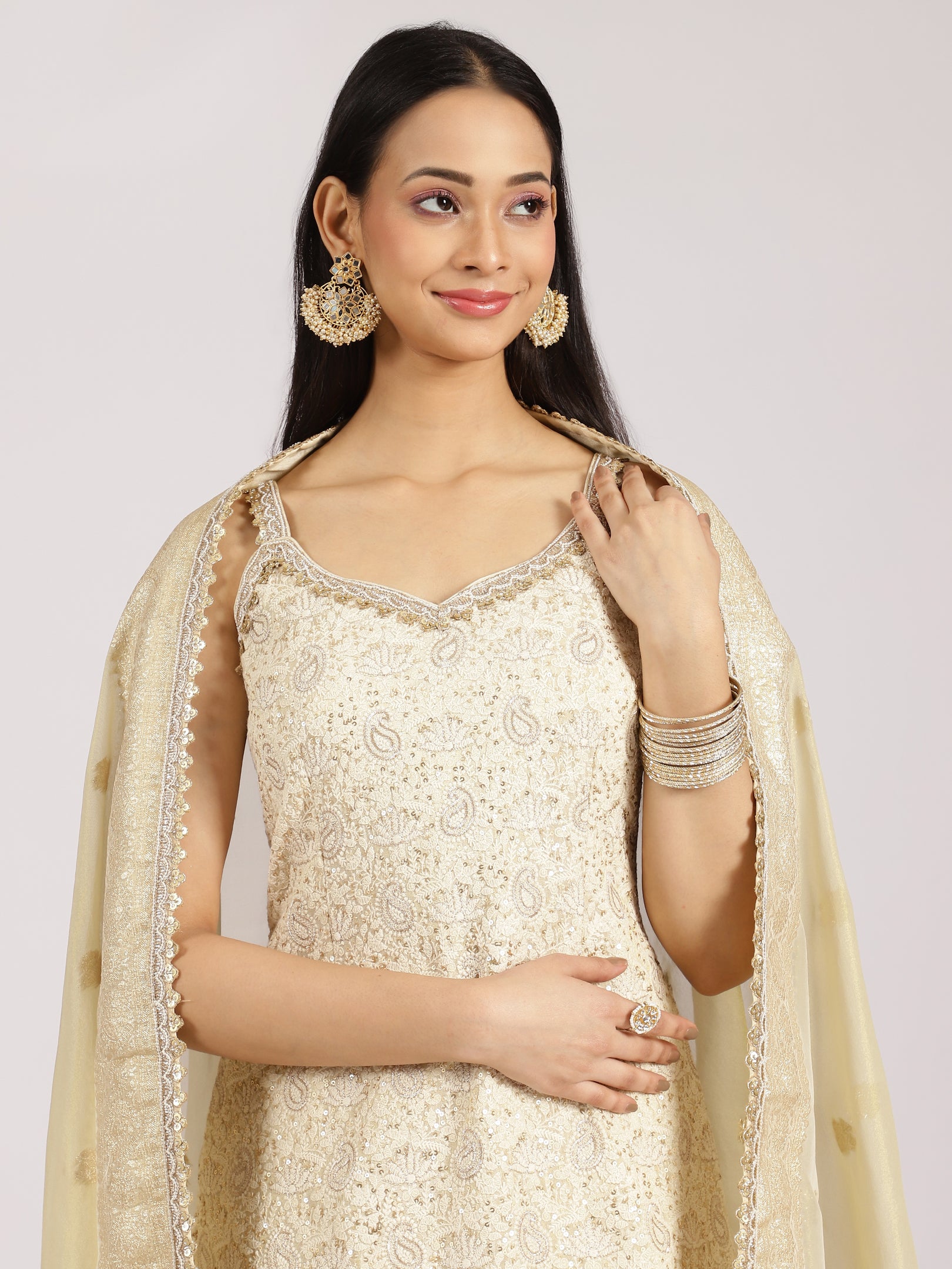 Ivory Gold Embroidered Sharara Suit with Dupatta
