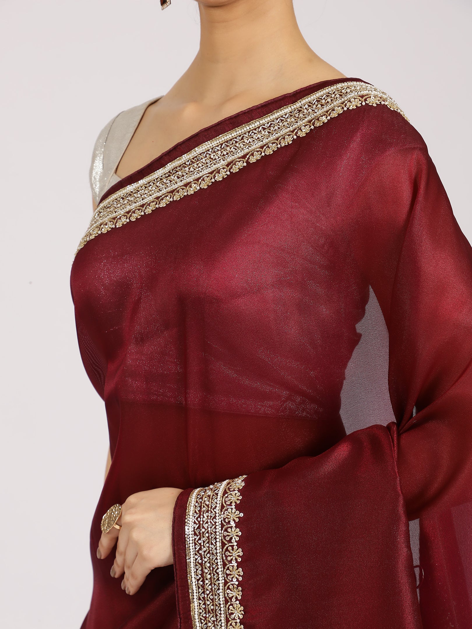 Maroon Silk Embellished Designer Saree