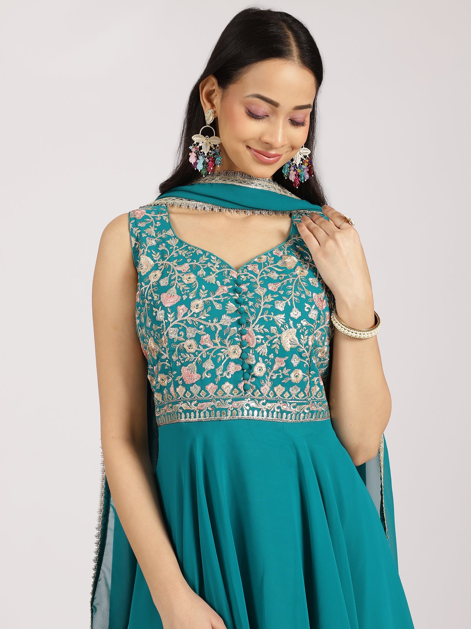 Teal Embroidered Palazzo Set with Dupatta