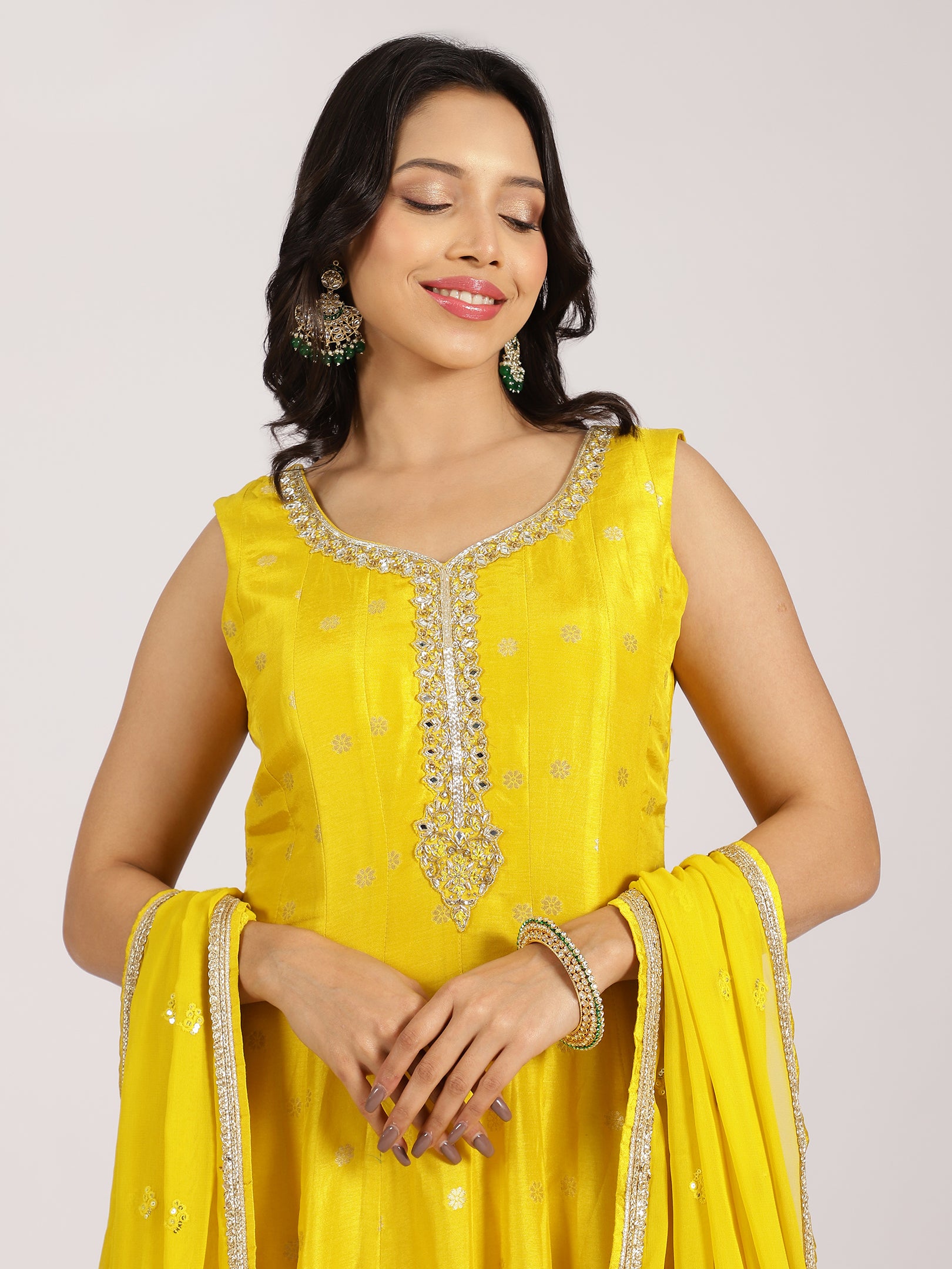 Sunshine Yellow Anarkali Gown with Mirror Work & Zari Dupatta