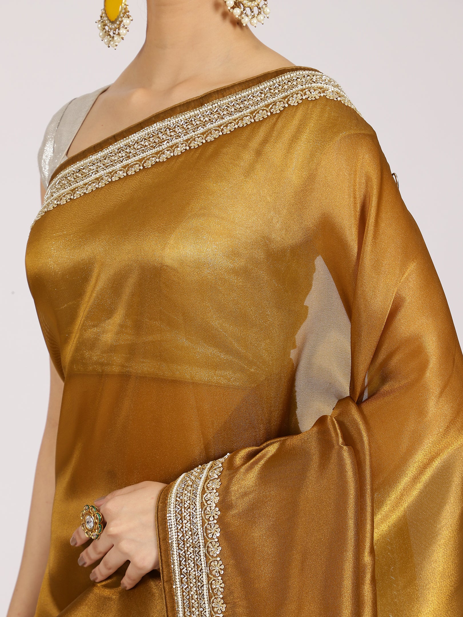 Mustard Silk Saree with Silver Sequin Border