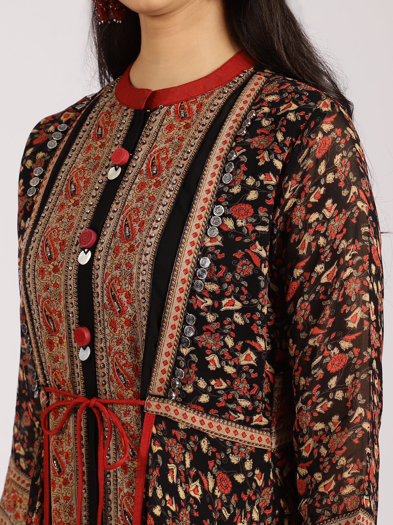 Traditional Black and Red Floral Anarkali Kurta Set