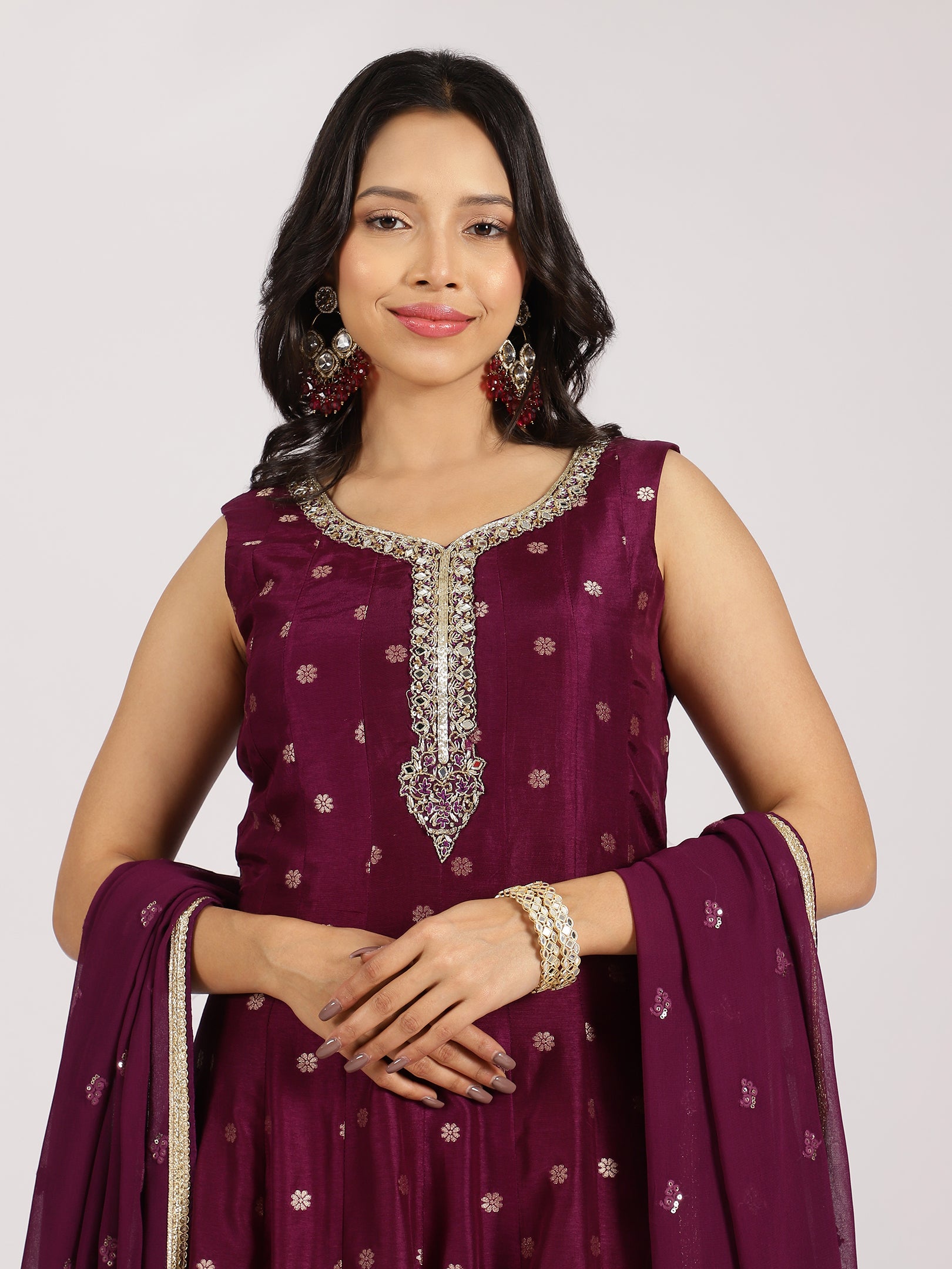 Regal Wine Anarkali Gown with Mirror Work and Zari Dupatta